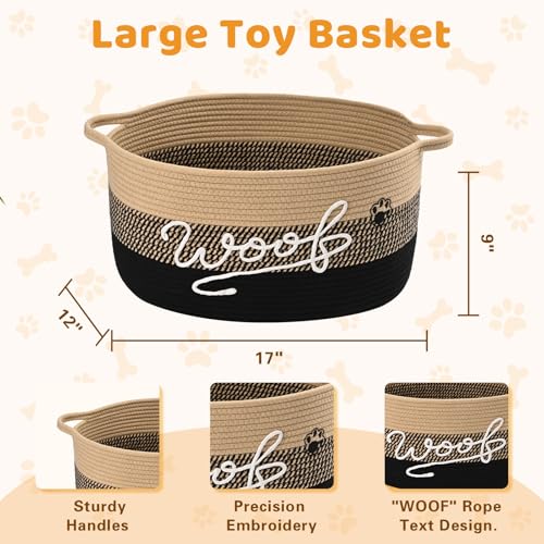 Woof Dog Toy Basket with Handles, Large Dog Toy Storage Bin with Paw Print, Woven Dog Basket for Blankets, Toys, Chews, Pet Toy Box for Nursery, Living Room, Bedroom, 17”x12”x9, Black - color: Black