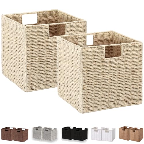 Vagusicc Wicker Storage Basket, Set of 2 Hand-Woven Paper Rope Storage Baskets, Foldable Cube Storage Organizer Bins, 11 Inch Wicker Storage Baskets for Shelves and Decor, Square Storage Basket, Beige - color: Beige, size: 11'' x 11'' x 11''