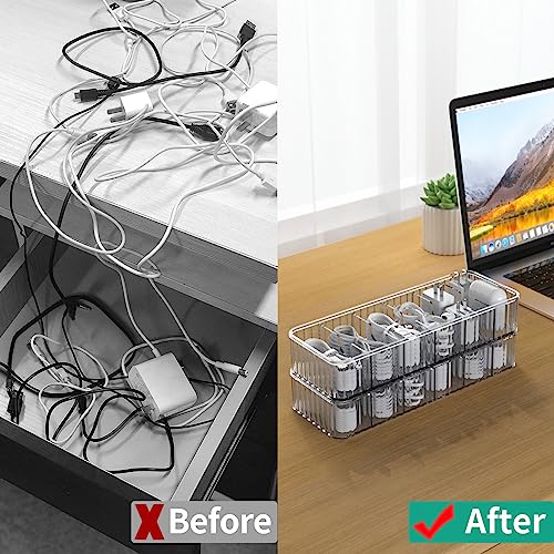 Cable Storage Boxes Organizers 2 Pack,Cord Charger Storage Organizer Box Case with 20pcs Cable Ties,Stackable,Clear