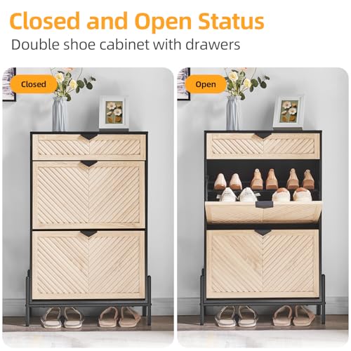 Shoe Cabinet Storage with 2 Flip Drawers, Narrow Hidden Shoes Organizer Cabinet for Entryway, Freestanding Slim Shoe Rack Front Door Entrance(Oak&Black) - color: Oak&black, size: Medium