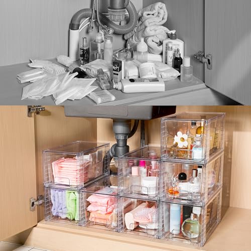 Vtopmart 4Pack Large Stackable Kitchen Pantry Storage Drawers, Clear Organizer Bins with Handles, Acrylic Drawer Organizers for Kitchen Pantry, Bathroom Undersink, Cabinet Organization and Storage - size: 4Pack 7"H