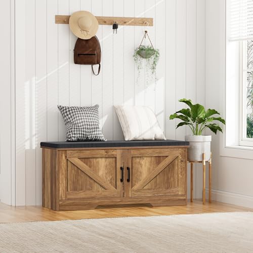 HOMSHO 2-Tier Storage Bench, 39.4" Wide Shoe Bench with Padded Seat Cushion, Entryway Bench with 2 Barn Doors and Adjustable Shelf, Rustic Walnut - color: Rustic Walnut, size: 39.4" Wide
