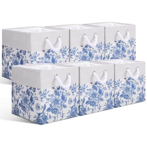 LemonRoad 6 Pcs Blue Floral Cube Storage Bins 13 Inch Square Storage Basket with Handle Preppy Girl Organizer Basket Collapsible Fabric Box for Classroom Bedroom Office Home Decoration Gift - color: Blue, size: 13 Inch, style: Floral
