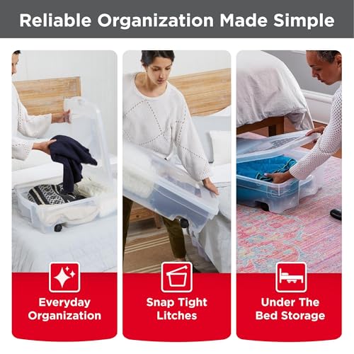 Rubbermaid 70 Quart Under the Bed Low Profile Storage Boxes with Dual Hinged Lids and Easy Rolling Caster Wheels, Clear, 2 Pack - size: Under the Bed - 2 Pack