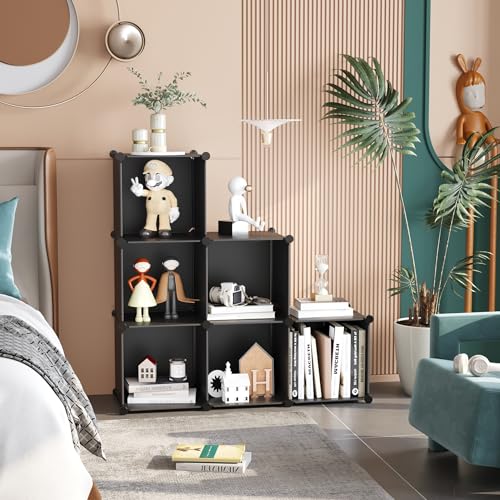C&AHOME 6-Cube Storage Organizer, Stackable Storage Cubes Shelves, Portable Bookshelf, Plastic Clothing Storage Closet Organizer, DIY Modular Shelving Units for Wardrobe, Home, Black - color: Black
