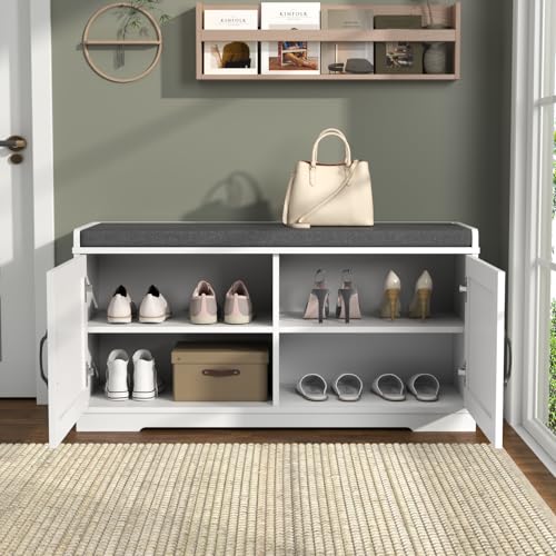 Loomie Shoe Storage Bench, 2-Tier Farmhouse Entryway Bench with Padded Seat Cushion, 13.78" D x 39.37" W x 19.69" H, Slim Shoe Cabinet Bench for Entryway, Living Room, Bedroom (White) - color: White