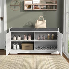 Loomie Shoe Storage Bench, 2-Tier Farmhouse Entryway Bench with Padded Seat Cushion, 13.78" D x 39.37" W x 19.69" H, Slim Shoe Cabinet Bench for Entryway, Living Room, Bedroom (White) - color: White