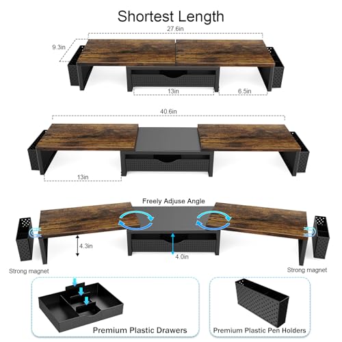gianotter Dual Monitor Stand Riser, Desk Organizer With Drawer and 2 Pen Holders,Computer Monitor Stand, Desk Shelf for Top of Desk, Wood - color: Wood