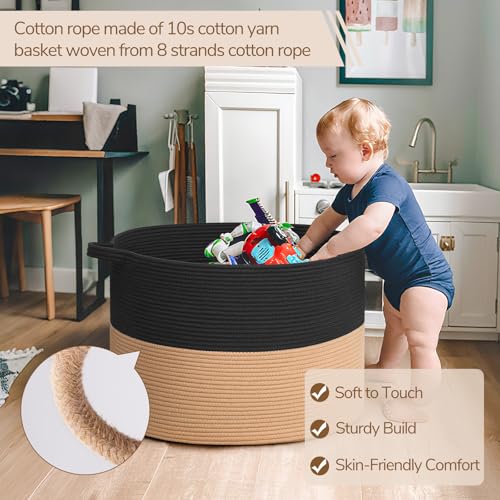 INDRESSME 115L Extra Large Cotton Rope Blanket Basket for Nursery, Boho Decor Baby Laundry Baskets for Kids Toy Organizer Storage Bin for Dirty Clothes Pillows Towel, Black & Camel - color: Black & Camel, size: 23.6"D x 15.7"H