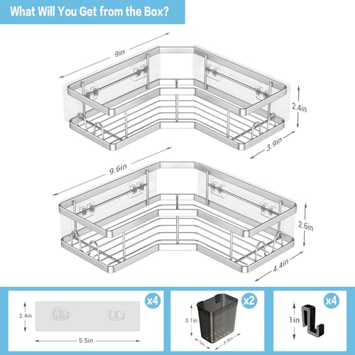 AKTECKE Corner Shower Caddy Shelf Rack: 2 Pack Adhesive Shower Organizer Essentials - No Drilling Stainless Steel Bathroom Storage Rack with Hooks and Toothpaste Holder - color: bright silver, size: 9.6"×9.6"×2.6"