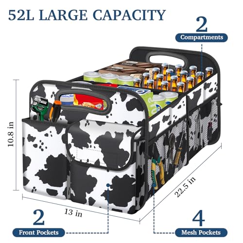 Femuar Car Trunk Organizer, Cow Print, Vintage Style, 52L Capacity, 4 Compartments, Waterproof, Non-Slip, Collapsible, 22.5"D x 18"W x 10.8"H - color: Cow print, size: Standard