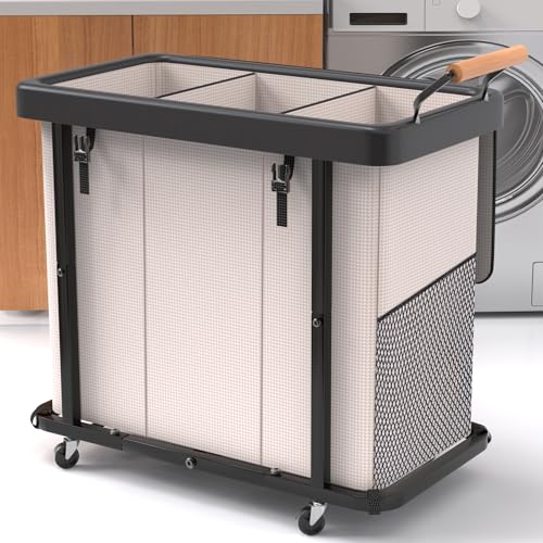 230L (60 Gal) Extra Large Fashion Laundry Sorter 3 Section with Lid, Rolling Laundry Basket Hamper with Handle, Laundry Organizer Storage Cart with Sturdy Metal Frame for Laundry Room, Hotel, White - color: White-3 Section, size: 230L