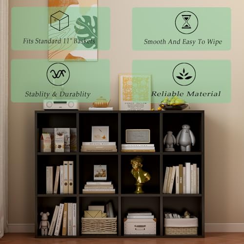 OSCHF 12-Cube Storage Shelf Bookcase - Wooden 3-Tier Floor Standing Open Bookshelf for Home and Office, Display Cabinet, Black - color: Black, size: 12-Cube