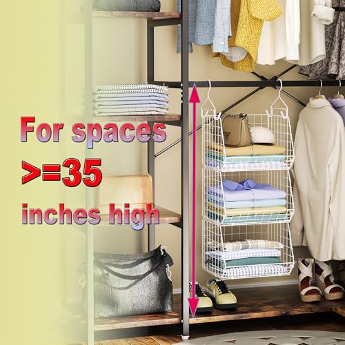 X-cosrack 3 Tier Foldable Closet Organizer, Clothes Shelves with 5 S Hooks, Wall Mount&Cabinet Wire Storage Basket Bins, for Clothing Sweaters Shoes Handbags Clutches Accessories-White Patent Design - color: White, size: 3-tier