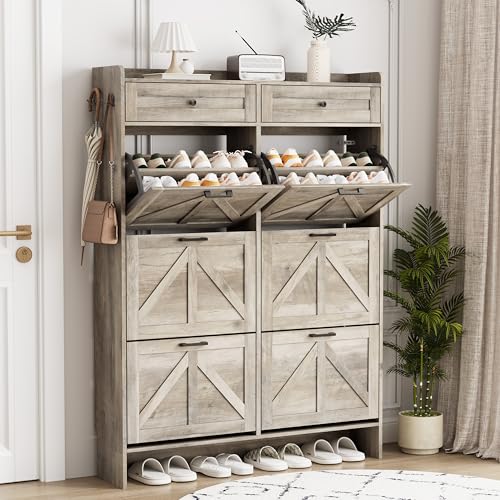 Shoe Cabinet with 6 Flip Drawers & 2 Top Drawers, 57" Tall Freestanding Narrow Wooden Shoe Storage Organizer for Entryway, Hidden Slim Shoe Rack for Front Door Entrance, Hallway, Living Room, Grey - color: Grey, size: 6 Flip Drawers