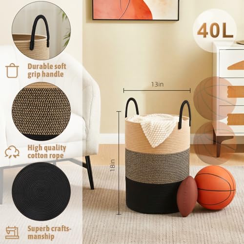 Artfeel Laundry Basket,Woven Cotton Rope Laundry Hamper,40L for Decorative Storage of Dirty Clothes,Toys and Blankets in Bathroom,Bedroom and Living Room - color: Black & Brown, size: 40L