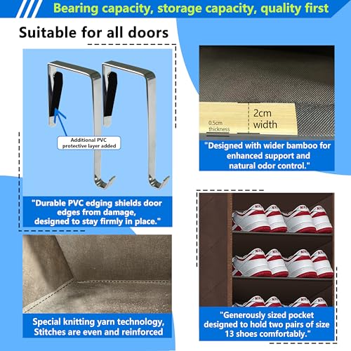 Over The Door Shoe Organizer, 70 Pounds Large Capacity, 20-30-Pair shoe organizer, Heavy Duty-Extra Deep Pockets ,Anti-Scratch Hooks & FSC-Certified Bamboo ,Engineered for Men’s Size 13 shoe,coffee - color: Coffee