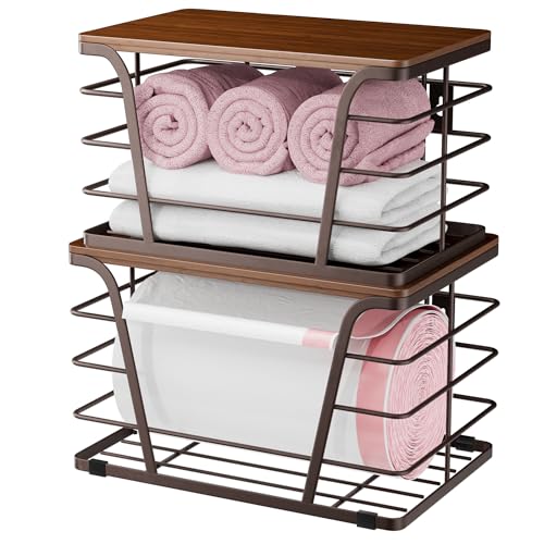 TIDIIABODE Extra Large 2 Pack Potato and Onion Storage Bins,Stackable Storage Pantry Organizers, Kitchen Storage Bins for Potato and Onion, Wall Mount Trash Bag Holder with Bamboo Top, Brown - color: 2-Pack-XL&L-Brown