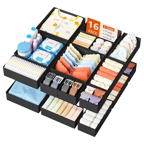 DIMJ Drawer Organizer Clothes - 16 Pack Baby Dresser Organizer for Nursery, Foldable Drawer Organizer Bins for Closet Bedroom Organization, Fabric Clothes Storage Dividers for Underwears, Socks, Bras - color: Black, size: 16 Pack