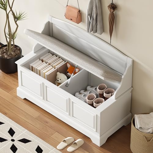Knocbel Rustic Entry Storage Bench with Hidden Compartments and Removable Cushion, Wooden Entryway Hallway Foyer Shoe Bench Bedroom End of Bed Bench (White) - color: White