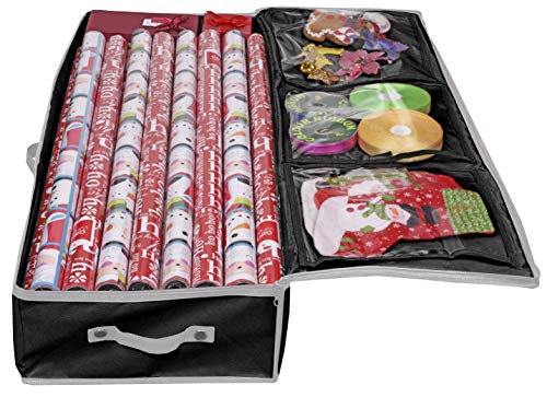 Primode Wrapping Paper Storage Container | Gift Wrap Organizer Under Bed | 41”x14”x6” | Box Holder for 18-24 Rolls Up to 40” | 600D Oxford Material | Pockets for Ribbon, Bows, and Accessories (Black) - color: Black