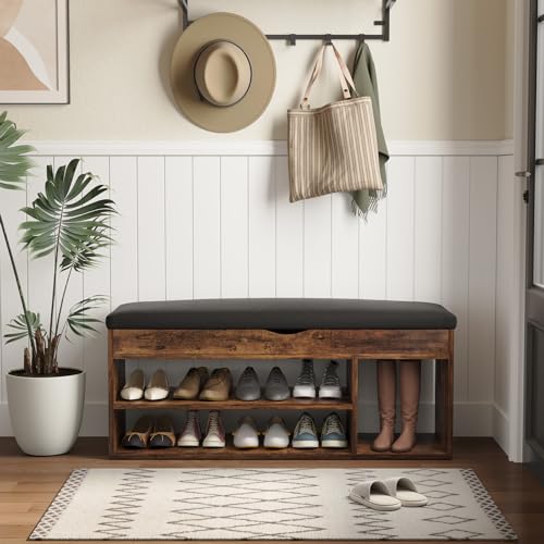 Apicizon 39 Inches Storage Bench with Padded Cushion, Shoe Bench with Storage Space, Upholstered Entryway Bench for Living Room, 2-Tier Shoe Rack Organizer, Brown - color: Brown, size: 39 Inch