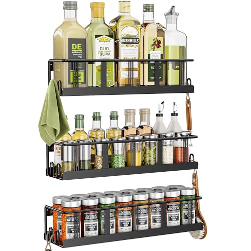 Bunoxea Spice Rack Wall Mounted 3 Pack, Space-Saving Spice Organizer for Spice Jars and Seasonings,Screw or Adhesive Hanging Spice Rack Organizer for Your Kitchen Cabinet,or Pantry Door - color: Black, size: 3 Pack