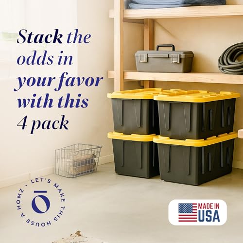 HOMZ 4-Pack Durabilt Tote, Heavy Duty Plastic Storage Bins with Lids, 27 Gallon, Black/Yellow - Stackable Organizing Containers for Home, Garage, and Shed - color: Black Base/Yellow Lid, size: 27 Gallon (Pack of 4)