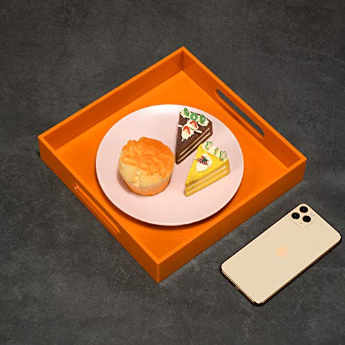 KEVLANG Orange Sturdy Acrylic Serving Tray with Handles-10x10Inch-Serving Coffee,Food,Breakfast,Butler-Kitchen Countertop Tray-Makeup Drawer Organizer-Vanity Table,Ottoman Tray-Decorative Tray - color: Glossy Orange, size: 10" x 10" x 2"