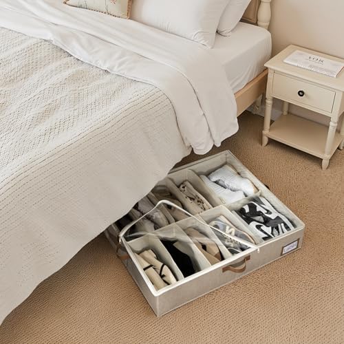 StorageWorks Under Bed Shoe Storage for Closet, 2-Pack Ultra-thick Fabric Shoe Organizer, Collapsible Shoes Containers with Bottom Support, Fits up to 24 Pairs, Taupe - color: Taupe, style: Fixed Divider