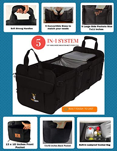 Tuff Viking Convertible Large 3 Compartment SUV Trunk Organizer with Cover | Truck Bed Organizer | for Trucks, Cars, SUVs and Groceries with Tie Down Straps. (5 in 1, Black) - color: Black, size: 5-in-1