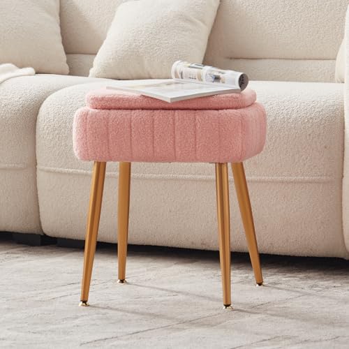 Updated Vanity Chair, Storage Ottoman with Folding Back & Gold-Toned Metal Legs, Ottoman Seat with Teddy Velvet for Dressing Room Living Room Bedroom, 16" x 12.5" Inch - color: Pink, size: 16" x 12.5"