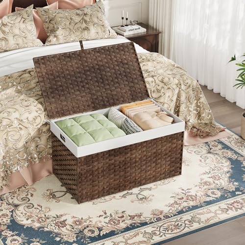 HOOBRO Storage Basket with Lid, 42.3 Gallon (160L) Wicker Basket, Handwoven Blanket Storage Basket with Handles, Metal Frame and Soft Lining, Foldable for Bedroom, Laundry Room, Brown BR216CW01 - color: Brown, size: 29.9"L x 17.7"W x 18.1"H