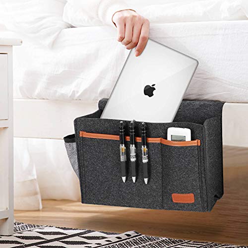 Bedside Caddy, Bed Storage Organizer for Remote Controller, Books, Magzine, Laptop Holder, 12.4'' x 8.6'' inch Bedside Hanging Felt Storage Bag for Dorm Bed with 5 Pockets, Dark Gray - color: Dark Gray