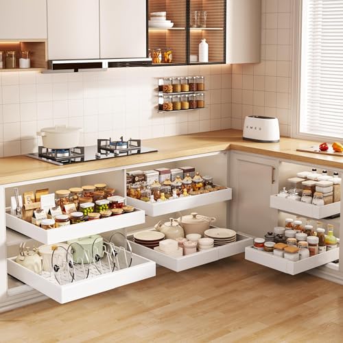 Seinloes 2 Pack Pull out Cabinet Organizer 21"Deep With Raising Pad for Framed Cabinets, Expandable Slide out Drawers for Kitchen Cabinets with 4pcs Divider Racks, Roll out Shelves 12.1"-20.4" W White - color: White, size: 12.1"-20.4"W x 21"D(2Pack)