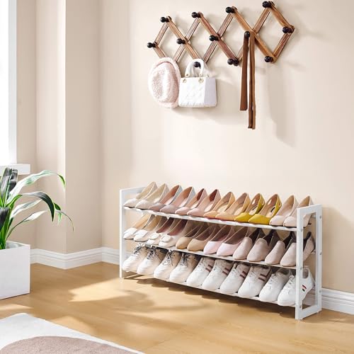 FAVOOSTY 3-Tier Expandable Shoe Rack, Adjustable Shoe Shelf Storage Organizer Space Saving Metal Free Standing Shoe Rack for Entryway Closet Doorway, White - color: White, size: 3 Tier