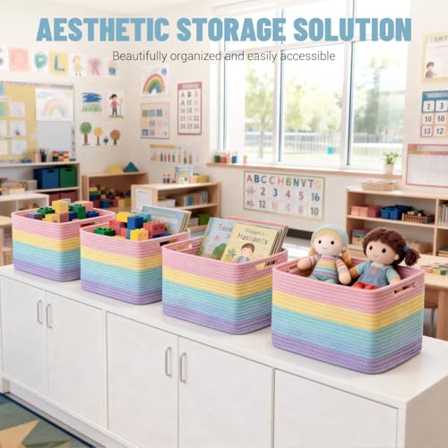 5 Pack Rainbow Woven Storage Baskets for Shelves, Decorative Toy Baskets Organizer for Kids Room, Nursery, Playroom, Classroom – Colorful Cotton Rope Toy Storage Bins for Organizing & Decor - color: Rainbow