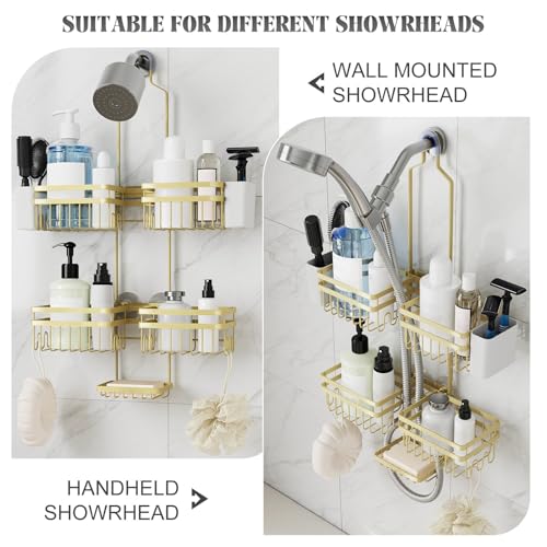 Shower Caddy Hanging for Bathroom Organizers and Storage - 3-Tier Adjustable Anti-Swing Shower Organizer Hanging with Heavy-Duty Suction Cups, Damage-Free Rustproof (Gold) - color: GOLD, size: width