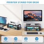 SUPEASY Printer Stand for Desk with Storage, 2-Tier Metal Monitor Stand Riser with Drawer and 2 Pen Holders, Multifunctional Desktop Organizer for Home Office Desk Accessories, Black