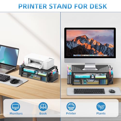 SUPEASY Printer Stand for Desk with Storage, 2-Tier Metal Monitor Stand Riser with Drawer and 2 Pen Holders, Multifunctional Desktop Organizer for Home Office Desk Accessories, Black
