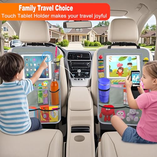 Car Backseat Organizer ，2 Pack Car Organizer Back Seat with 11" Tablet Holder, 10 Storage Pockets Seat Back Protectors Kick Mats for Kids Toddlers, Travel Accessories (Grey) - color: Grey, size: 2 Pack