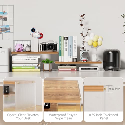 Adjustable Monitor Stand Riser with Acrylic Legs丨15.74" Length Dual Monitor Stand for Desk丨2-Tier Wood Desktop Organizer for Computer, Laptop, Printer & PC丨Modern Aesthetic Desk Shelf(wood-wavy) - color: wood-wavy, size: 7.67' W*15.74L
