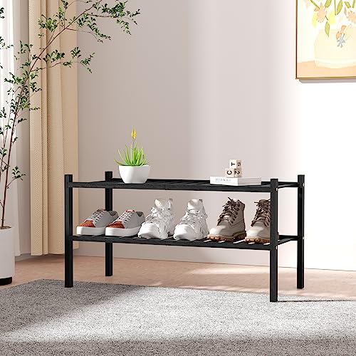 ROMGUAR CRAFT 2 Tier Bamboo Shoe Rack for Closet Free Standing Wood Shoe Shelf for Entryway Small Space Stackable 27"x11"x13" (Black) - color: Black, size: 2 Tier