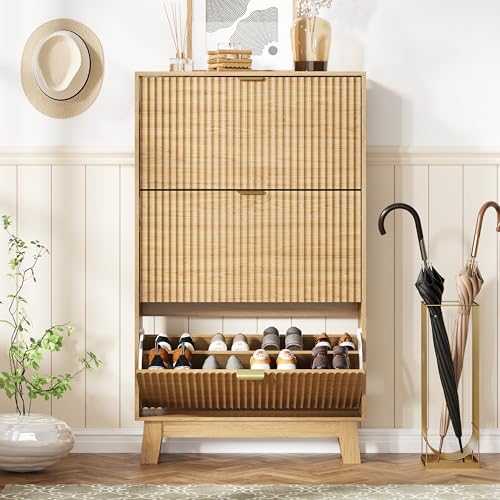 HUANLEGO Shoe Cabinet Storage for Entryway with 3 Flip Drawers, Fluted Narrow Shoe Organizer with Wooden Legs, Freestanding Slim Shoe Storage Hidden Shoe Rack Organizer for Front Door Entrance, Oak - color: Oak, size: 3 Drawer