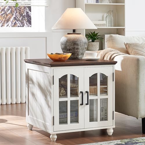RWYHG Farmhouse End Table with Charging Station,24" Large Sofa Side Table with Glass Barn Door,Rustic Wood Night Stand with Adjustable Storage Shelf,Square Bedside Table for Living Room,Bedroom Office - color: White, size: Set 1