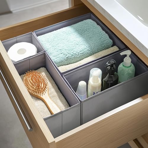 TYEERS Drawer Organizers, Durable Fabric, Washable, with Base Support Boards, Small Storage Boxes for Bathroom, Closet, Dresser, Set of 6, Dark Grey - color: Dark Grey, size: S+M+L (Set of 6)