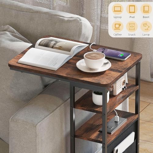 C Shaped End Table with Charging Station, 28"(H) 3-Tier C Table with Storage Bag, Under Couch Table C-Shaped End Table with Storage Shelves and Bag for Living Room, Bedroom, or Office - color: Rustic Brown, size: Wood--with Socket