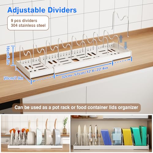 Mustorn Pots and Pans Organizer Under Cabinet, 22" Expandable Food Storage Container Lid Organizers with 9 Adjustable Dividers Pot and Pan Lid Holders Rack Inside Cabinet/Countertop(1 Pack, White) - color: White(Expandable), size: 1 Pack