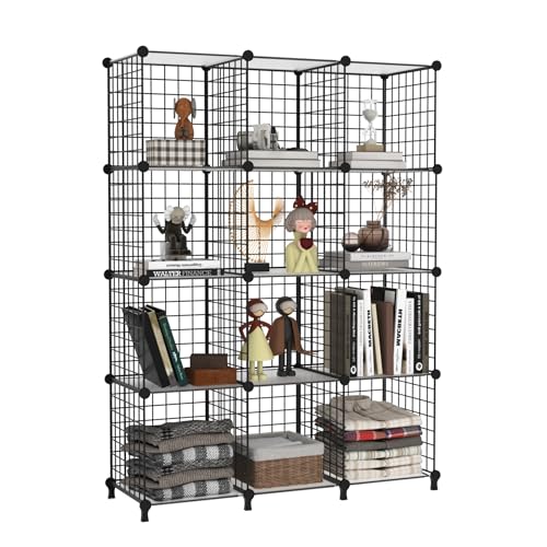 AWTATOS 12 Cube Storage Wire Closet Organizers DIY Stackable Storage Shelves Bookcase Cabinet for Home Office, Black - color: Black+translucent, size: 12 Cube(30x30cm)