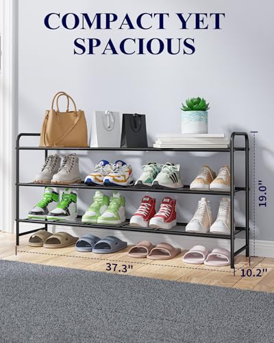 Kitsure Shoe Rack - Stainless Steel Shoe Organizer, Sturdy Shoe Rack for Closet and Front Door Entrance, Free Standing Shoe Shelf, Closet Organizers and Storage, 37.3" Wide - 3 Tier, Black - color: Black, size: 37.3" Wide - 3 Tier